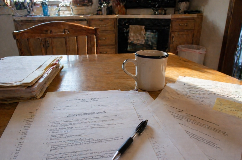 legal documents spread on a kitchen table