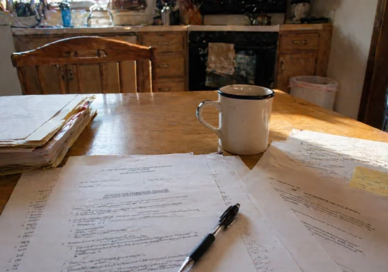 legal documents spread on a kitchen table